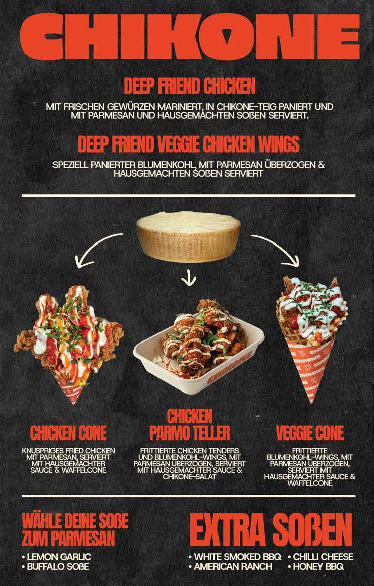 Chikone-Speisekarte mit Deep Fried Chicken, Veggie Chicken Wings, Chicken Cone, Chicken Parmo Teller, Veggie Cone und allen Soßen