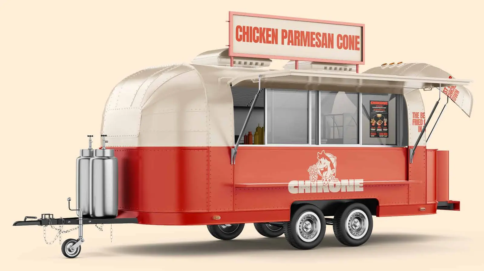 Der Chikone-Foodtruck: Retro-Anhänger in Terracotta und Creme mit Schild „Chicken Parmesan Cone“
